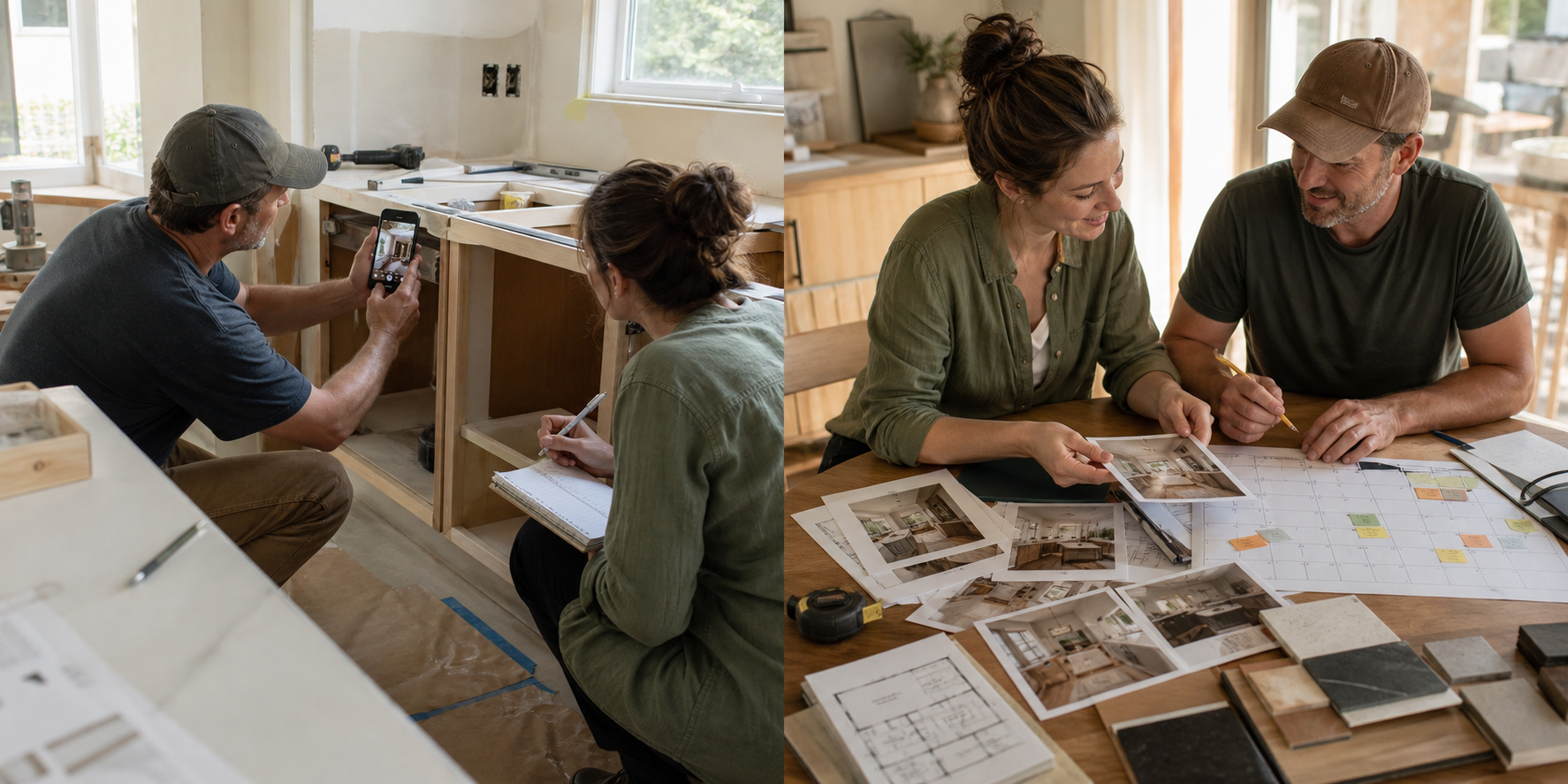 A remodeler capturing project details and planning useful homeowner resource content