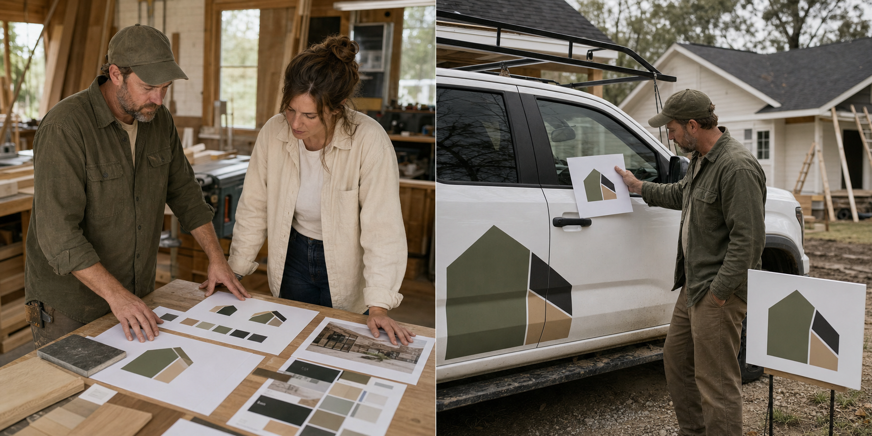 A remodeler reviewing logo directions, color materials, signage, and vehicle applications