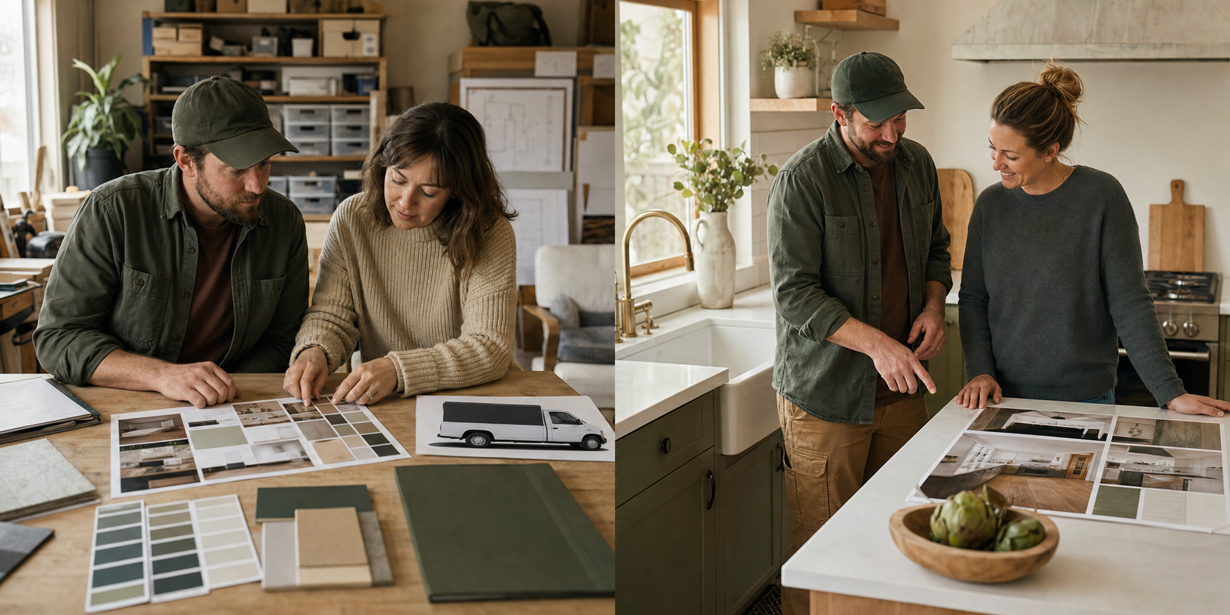 A remodeler reviewing a visual identity system and applying it to real project materials