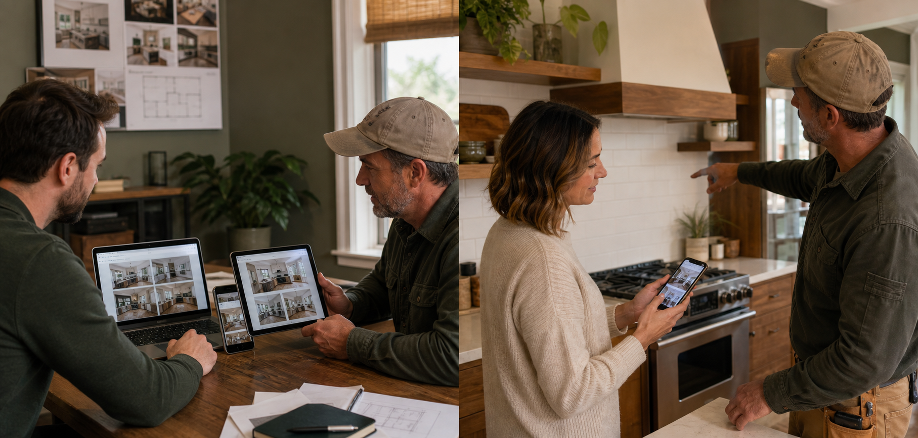 A remodeler testing a responsive remodeling website on a laptop, tablet, and phone