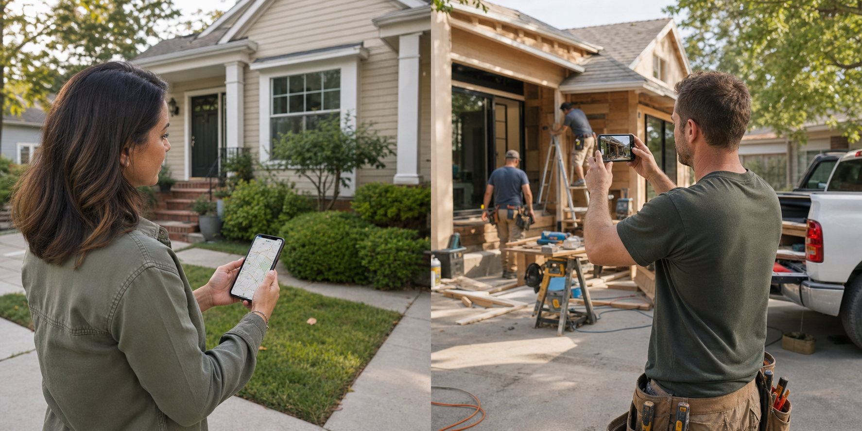 A homeowner using local search while a remodeler documents an active residential project