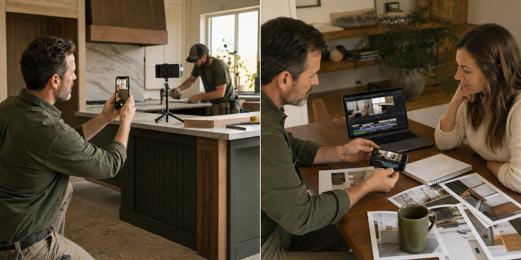A remodeler recording a clear vertical job-site explanation and reviewing short-form project clips