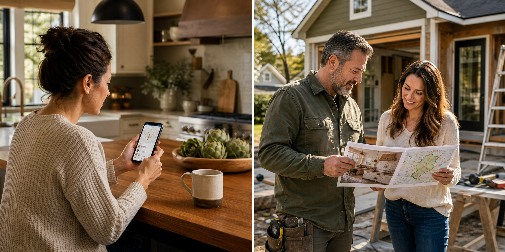 A homeowner searching locally while a remodeling crew works in a recognizable suburban service area