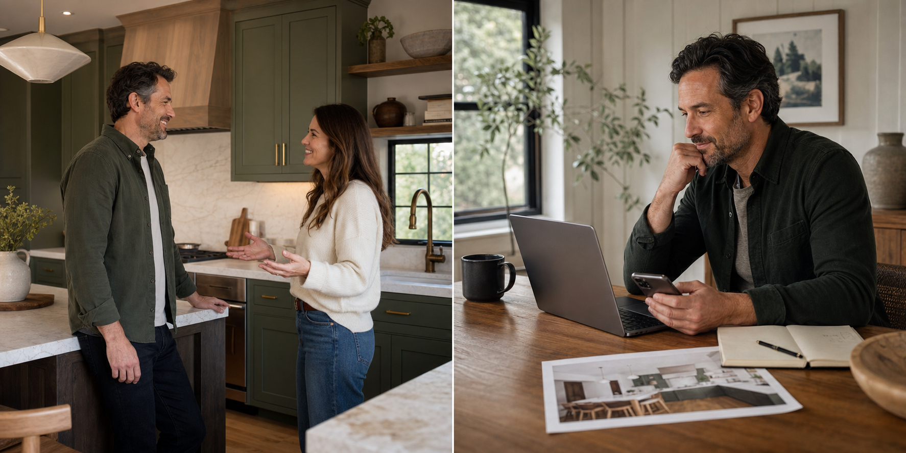 A homeowner sharing project feedback while a remodeler responds thoughtfully to reviews