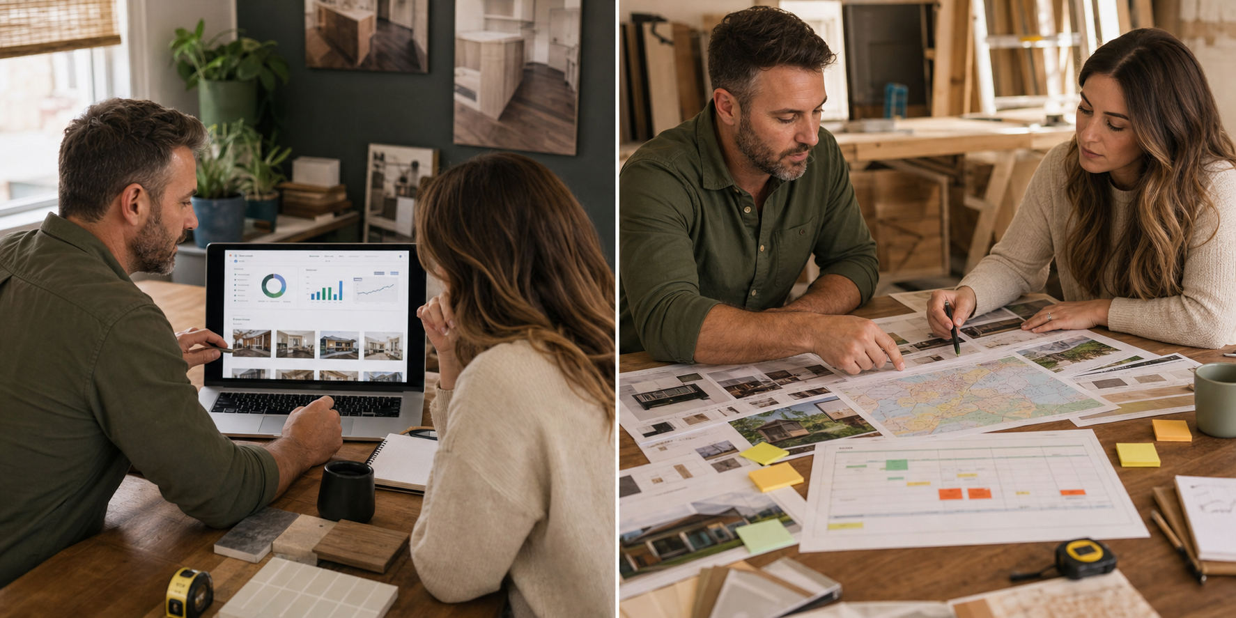 A remodeler and SEO strategist reviewing a prioritized search audit and project pipeline