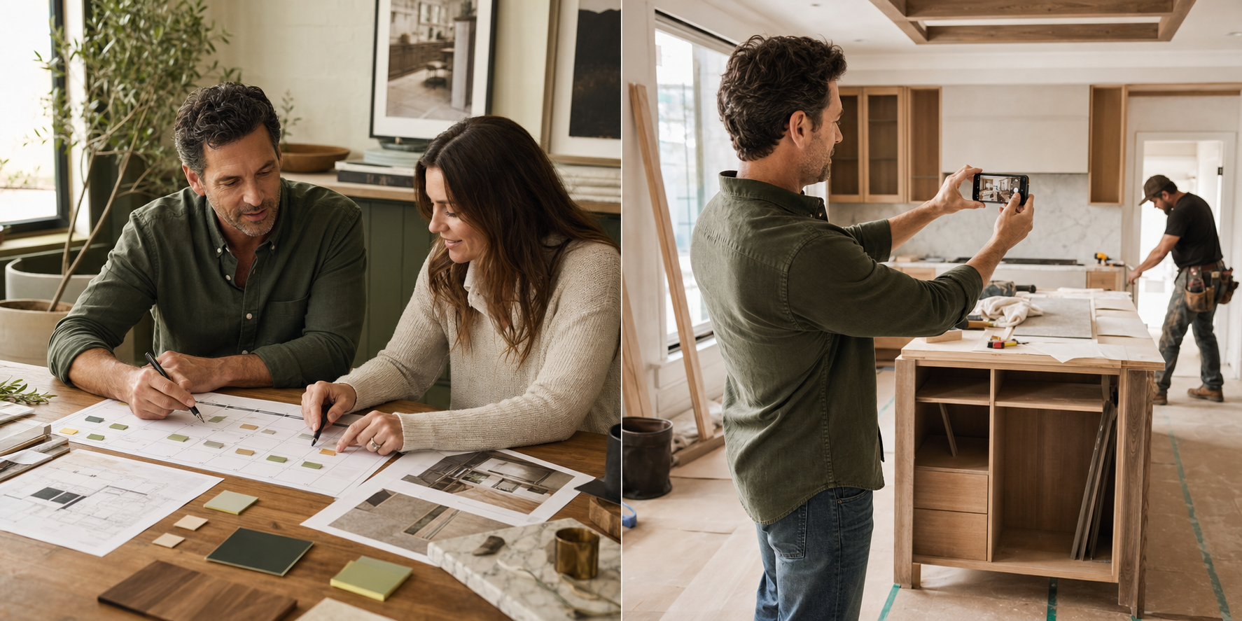 A remodeling team mapping project milestones into a practical weekly social content calendar