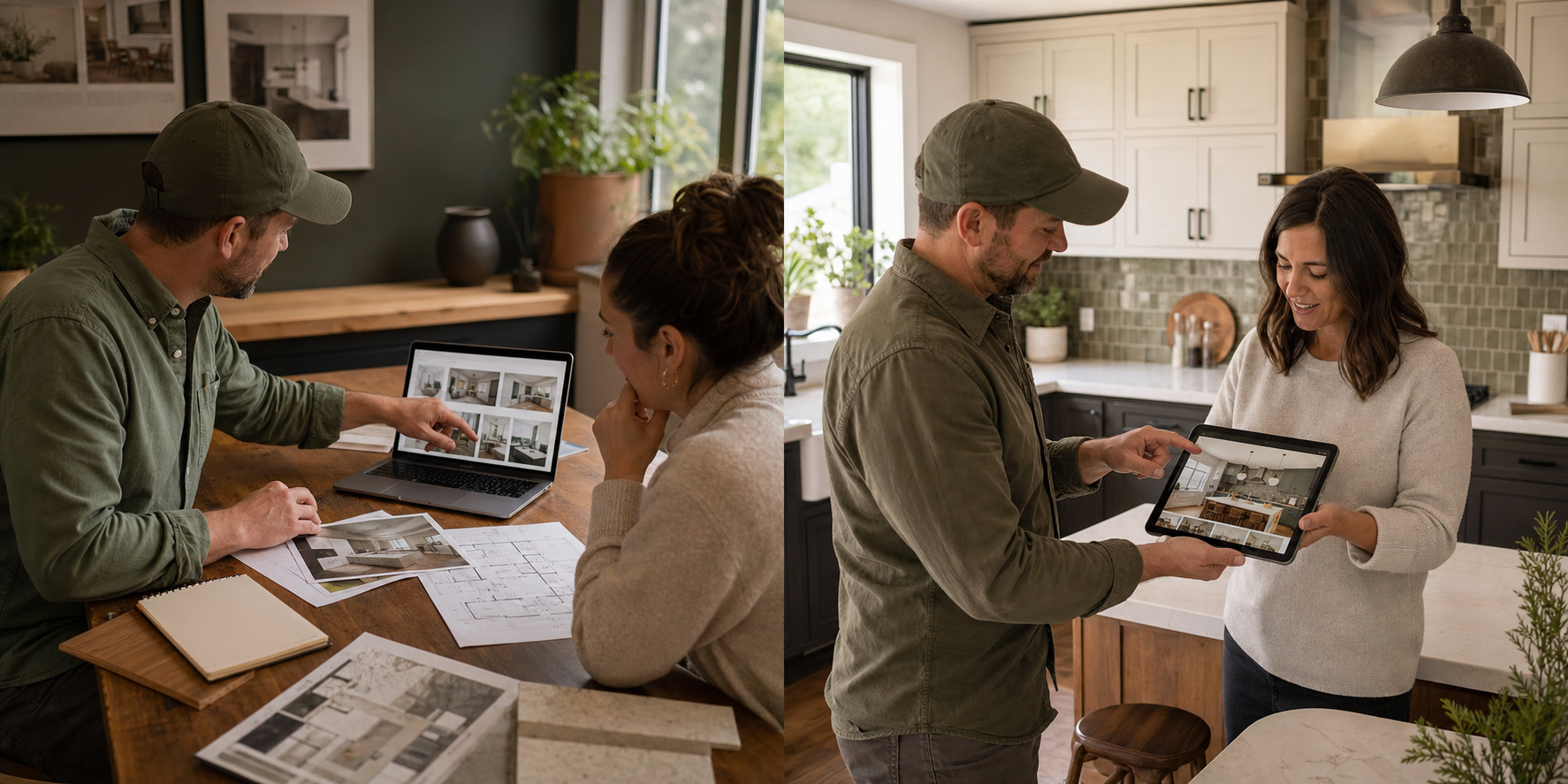 A remodeler and homeowner using a remodeling website and project portfolio during a kitchen conversation